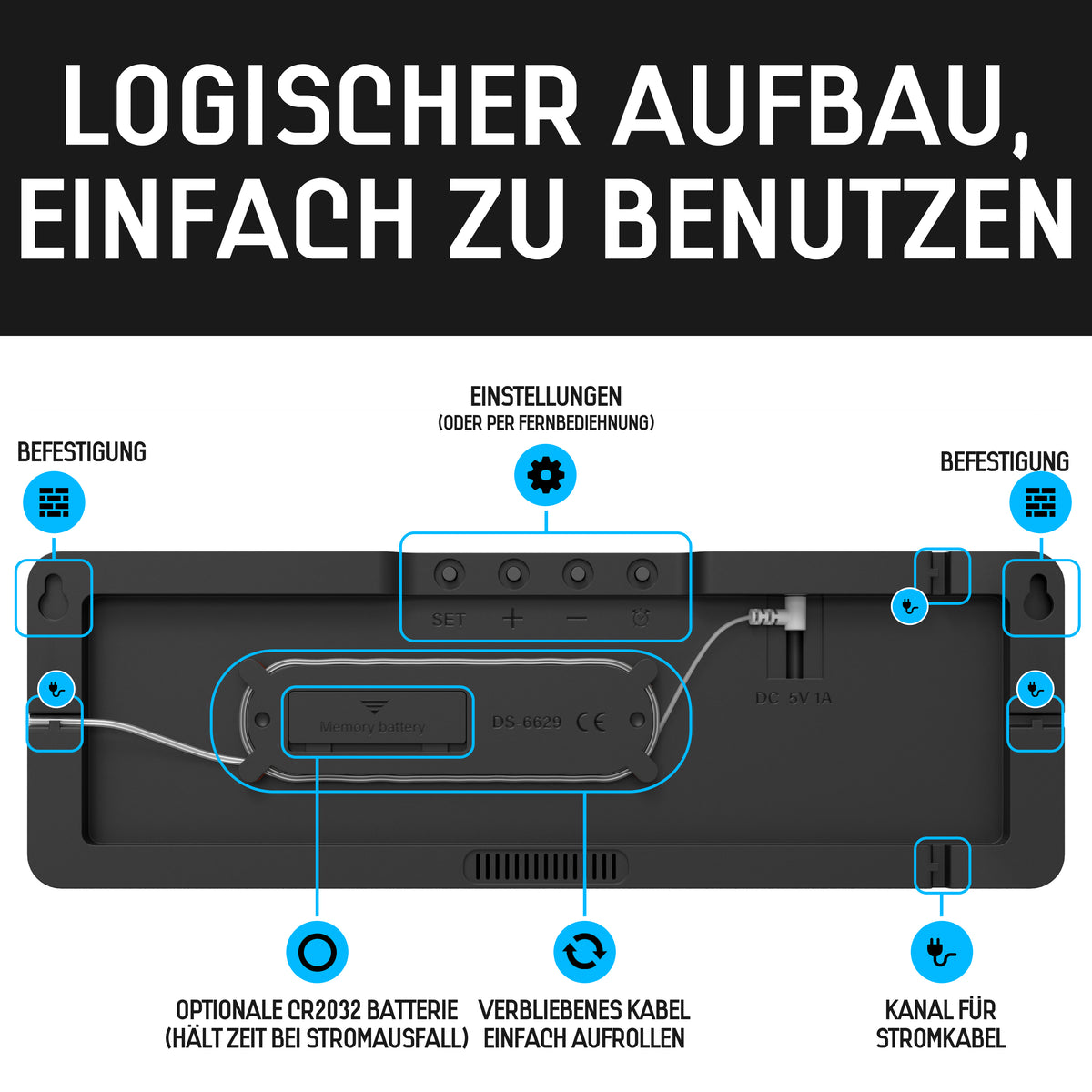 Opis Clock 1: Die digitale Wanduhr mit leuchtenden Ziffern
