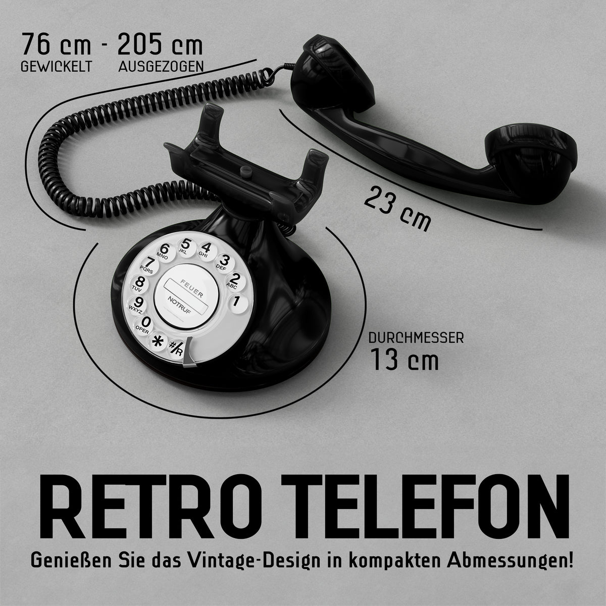 FunkyFon Cable Nero | Telefono Fisso Vintage Anni '20 a Disco con Campanello Elettronico