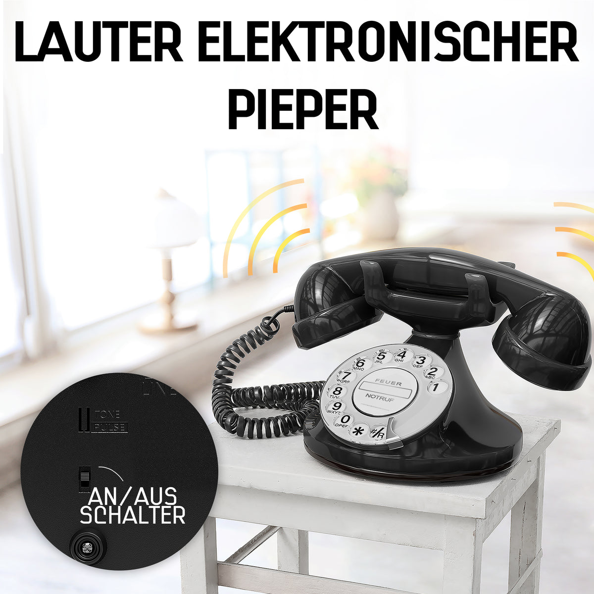 FunkyFon Cable Nero | Telefono Fisso Vintage Anni '20 a Disco con Campanello Elettronico