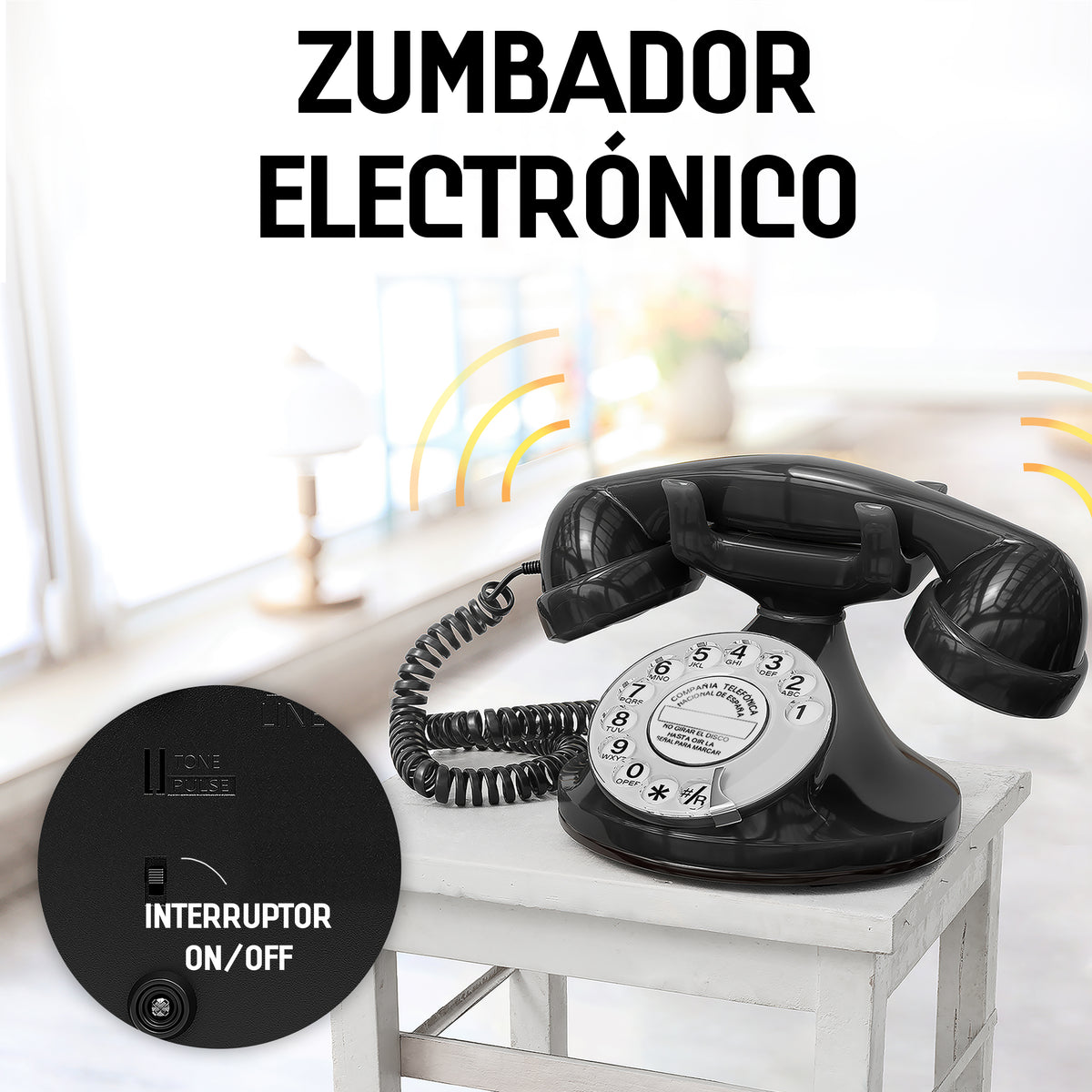 FunkyFon Cable Nero | Telefono Fisso Vintage Anni '20 a Disco con Campanello Elettronico