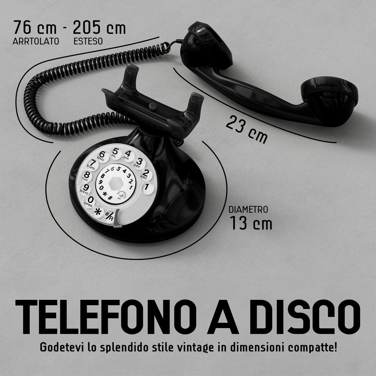 FunkyFon Cable Nero | Telefono Fisso Vintage Anni '20 a Disco con Campanello Elettronico