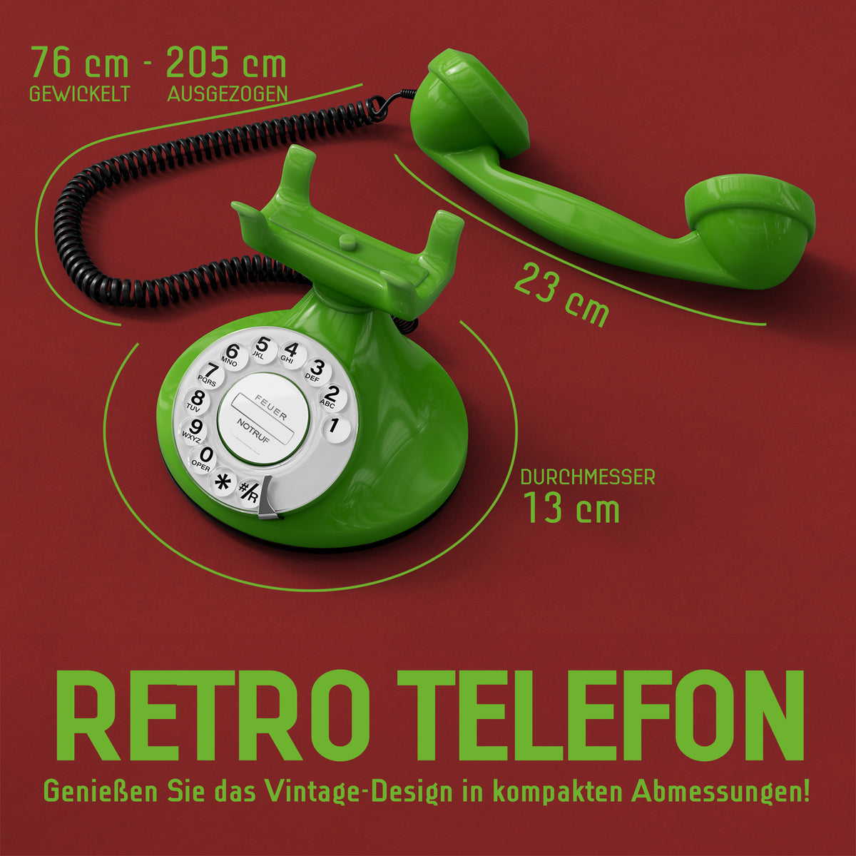 FunkyFon Cable Verde | Telefono Fisso Vintage Anni '20 a Disco con Campanello Elettronico