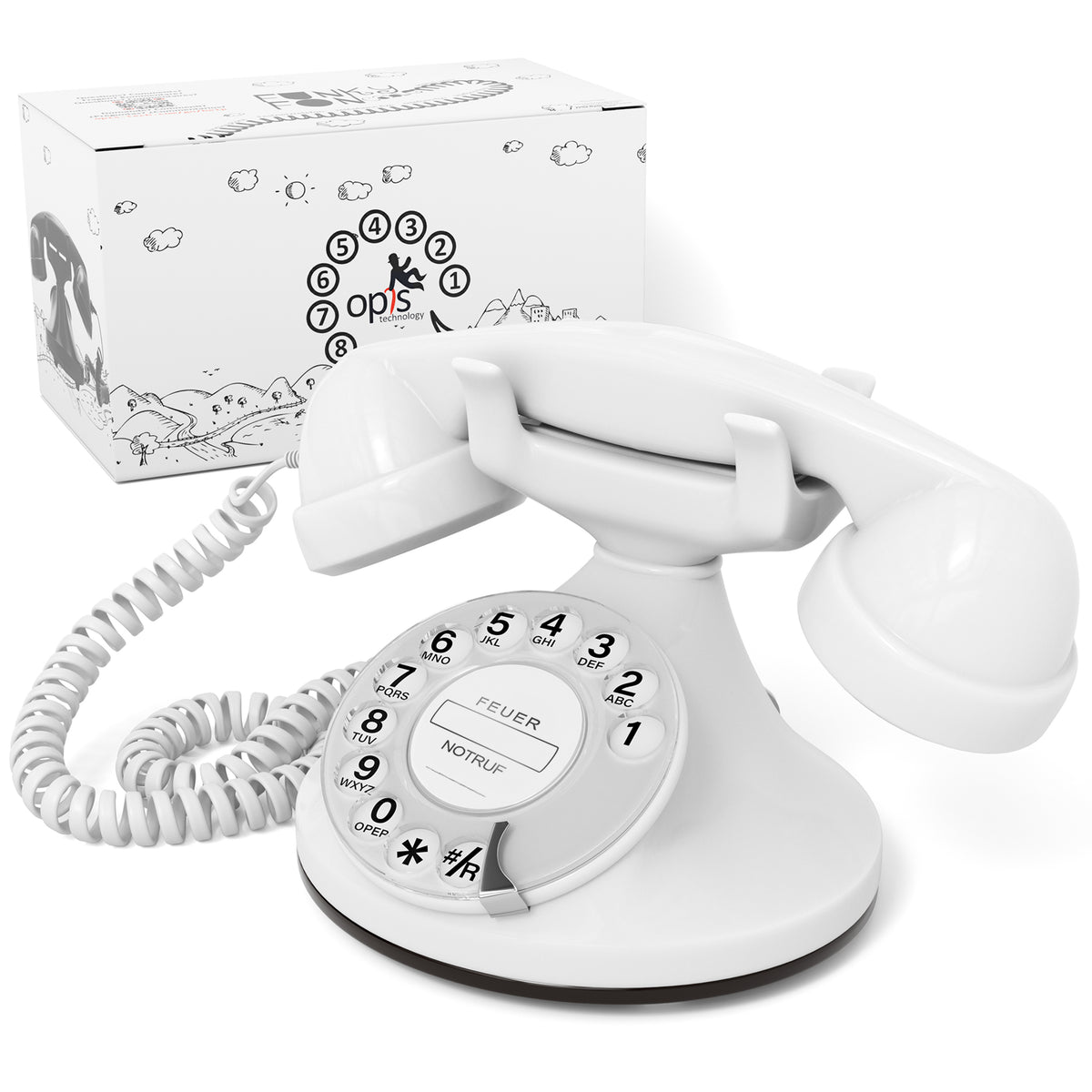 FunkyFon Cable Blanco | Telefono Fisso Vintage Anni '20 a Disco con Campanello Elettronico