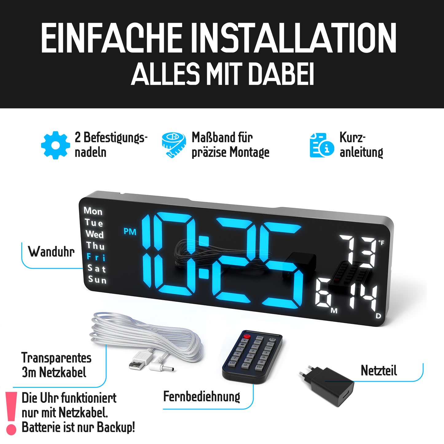 Opis Clock 1: Die digitale Wanduhr mit leuchtenden Ziffern