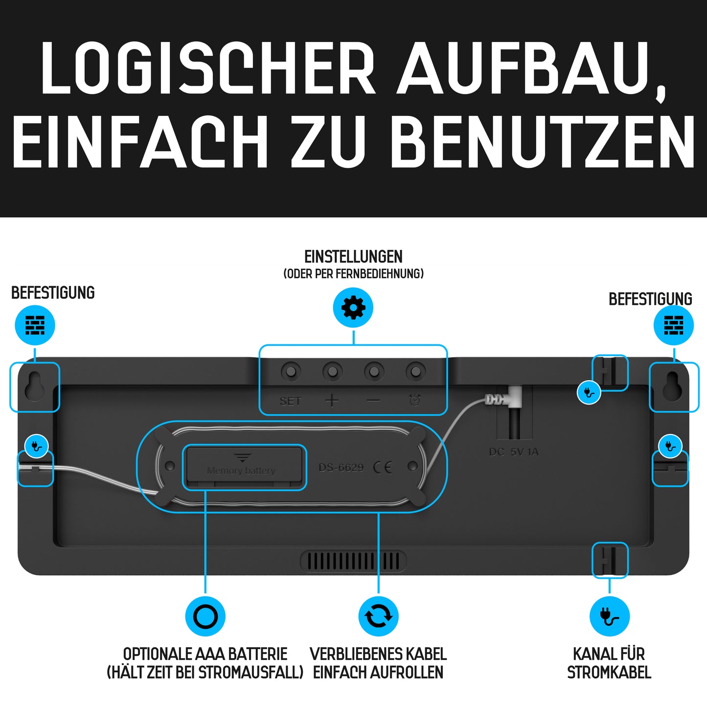 Opis Clock 1: Die digitale Wanduhr mit leuchtenden Ziffern