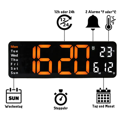 Opis Clock 1: Die digitale Wanduhr mit leuchtenden Ziffern