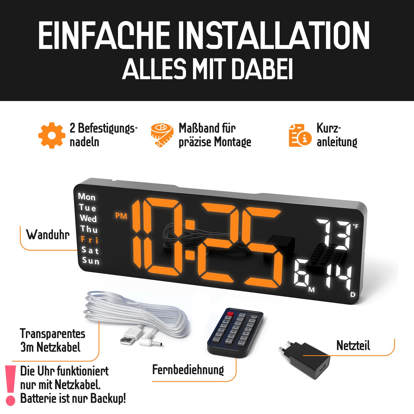 Opis Clock 1: Die digitale Wanduhr mit leuchtenden Ziffern