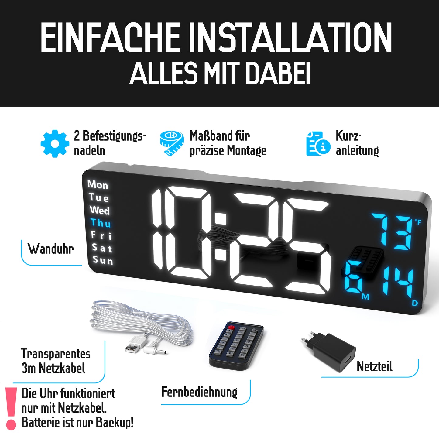 Opis Clock 1: Die digitale Wanduhr mit leuchtenden Ziffern