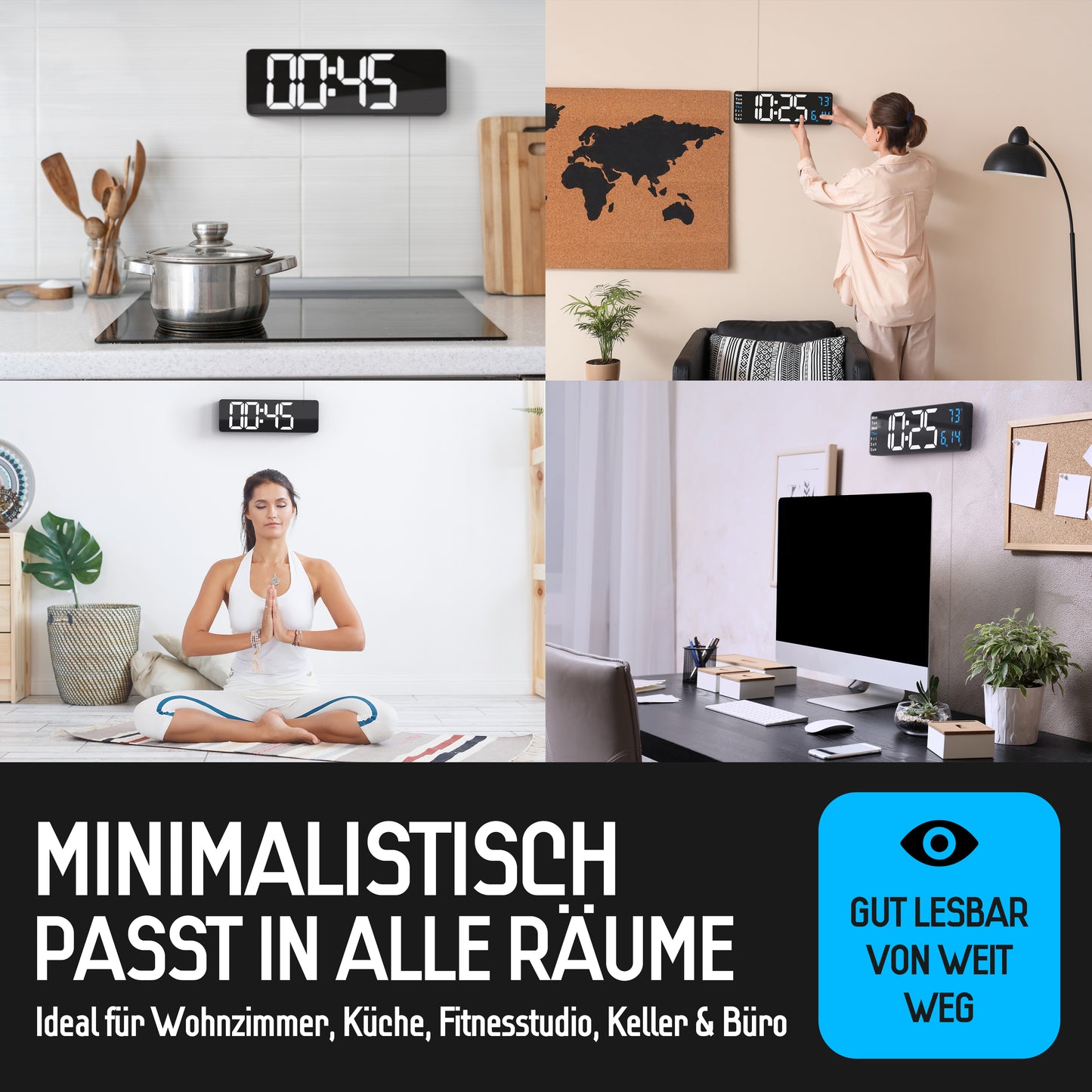 Opis Clock 1: Die digitale Wanduhr mit leuchtenden Ziffern