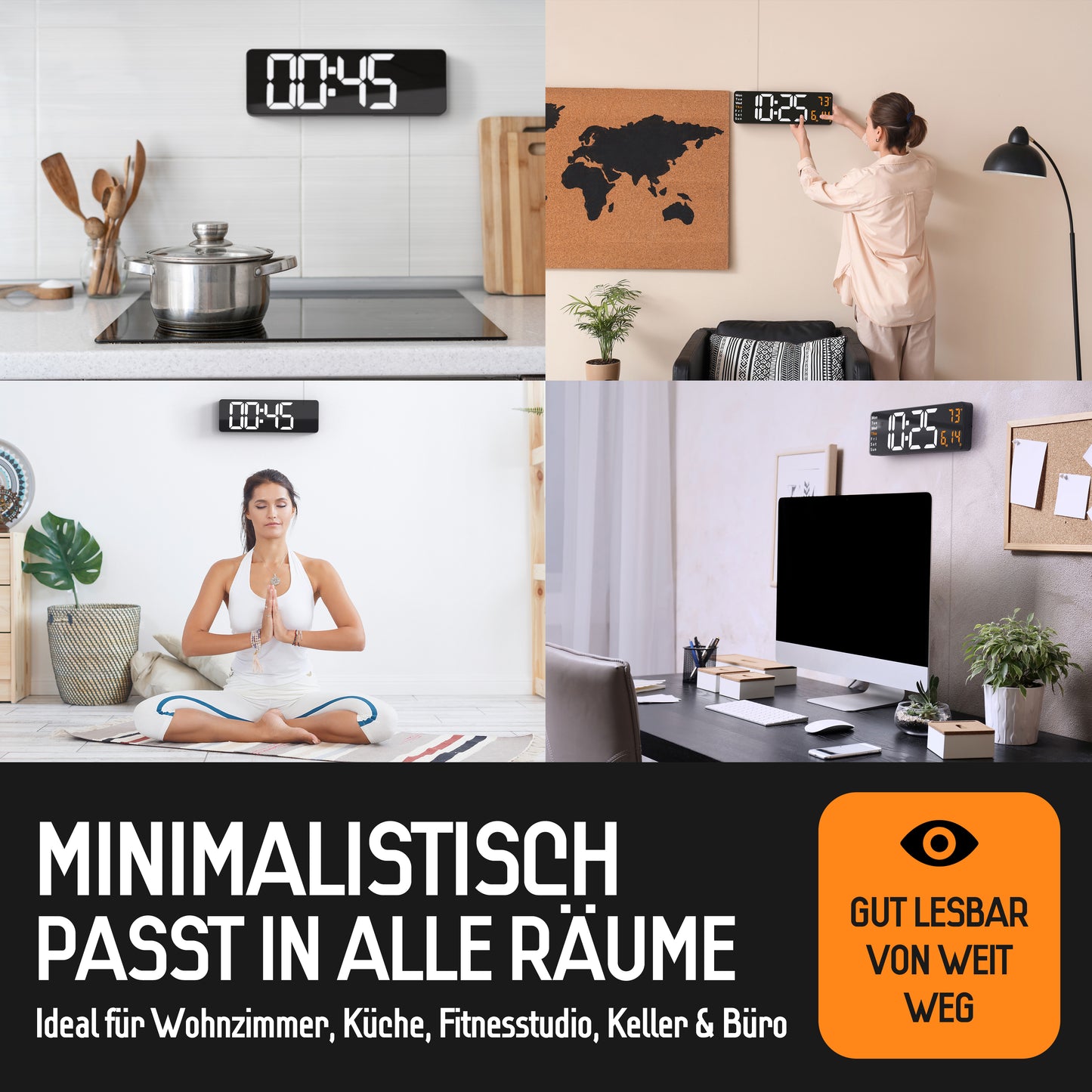 Opis Clock 1: Die digitale Wanduhr mit leuchtenden Ziffern