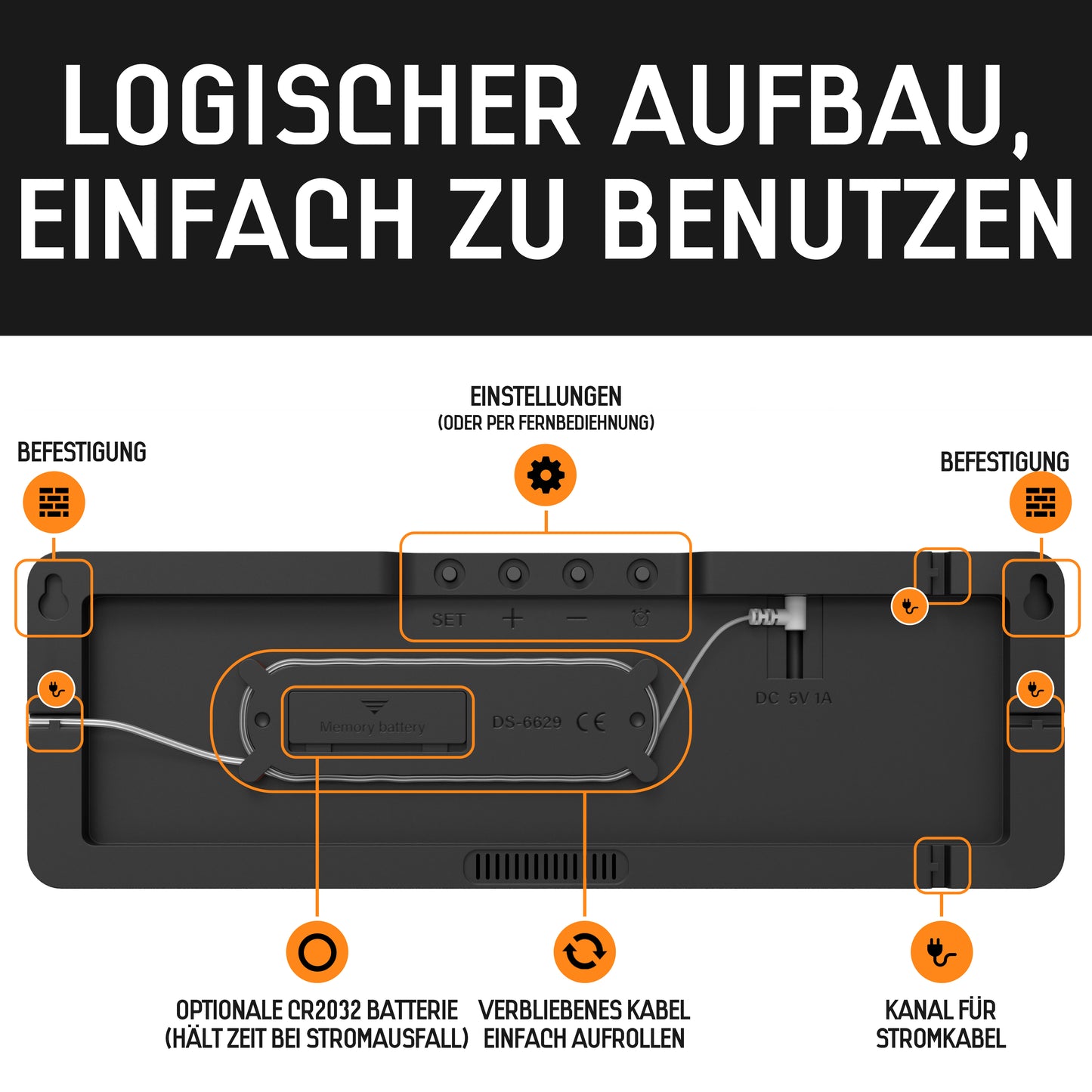 Opis Clock 1: Die digitale Wanduhr mit leuchtenden Ziffern