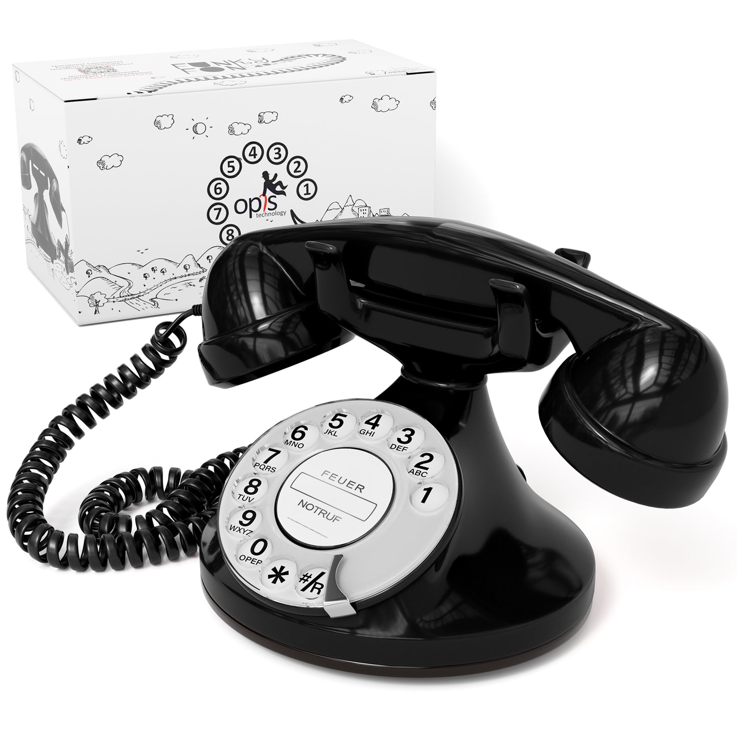 Opis Technology FunkyFon Cable Black | 1920s Vintage Rotary Phone with Electronic Bell
