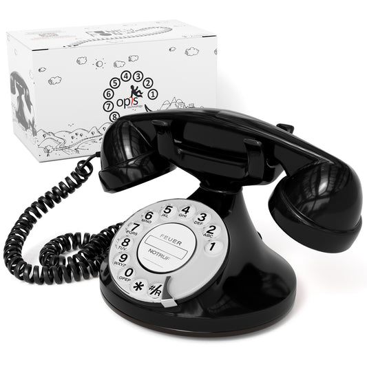 Opis Technology FunkyFon Cable Schwarz | 1920er Vintage Wählscheibentelefon mit elektronischer Klingel