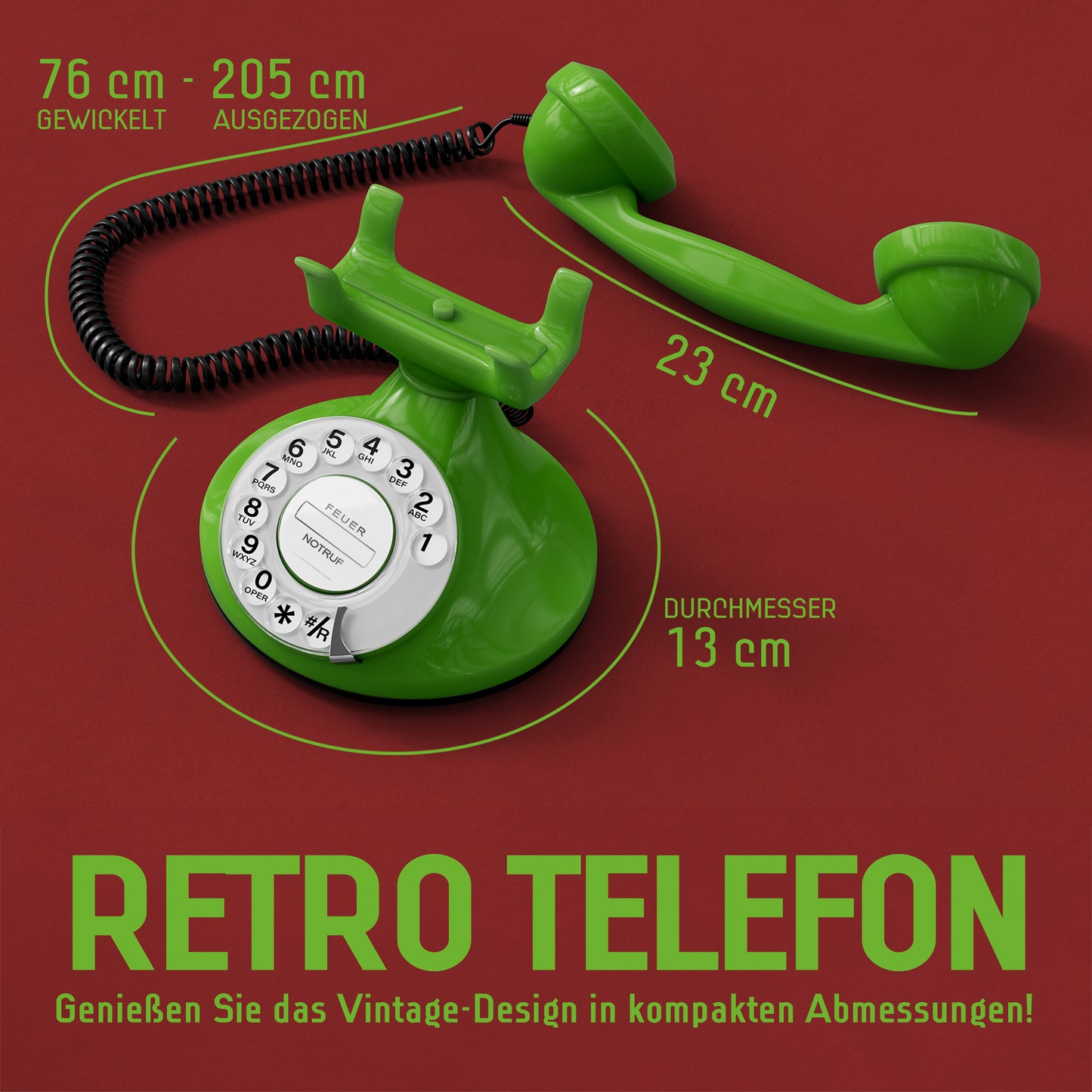 Opis Technology FunkyFon Cable Grün | 1920er Vintage Wählscheibentelefon mit elektronischer Klingel