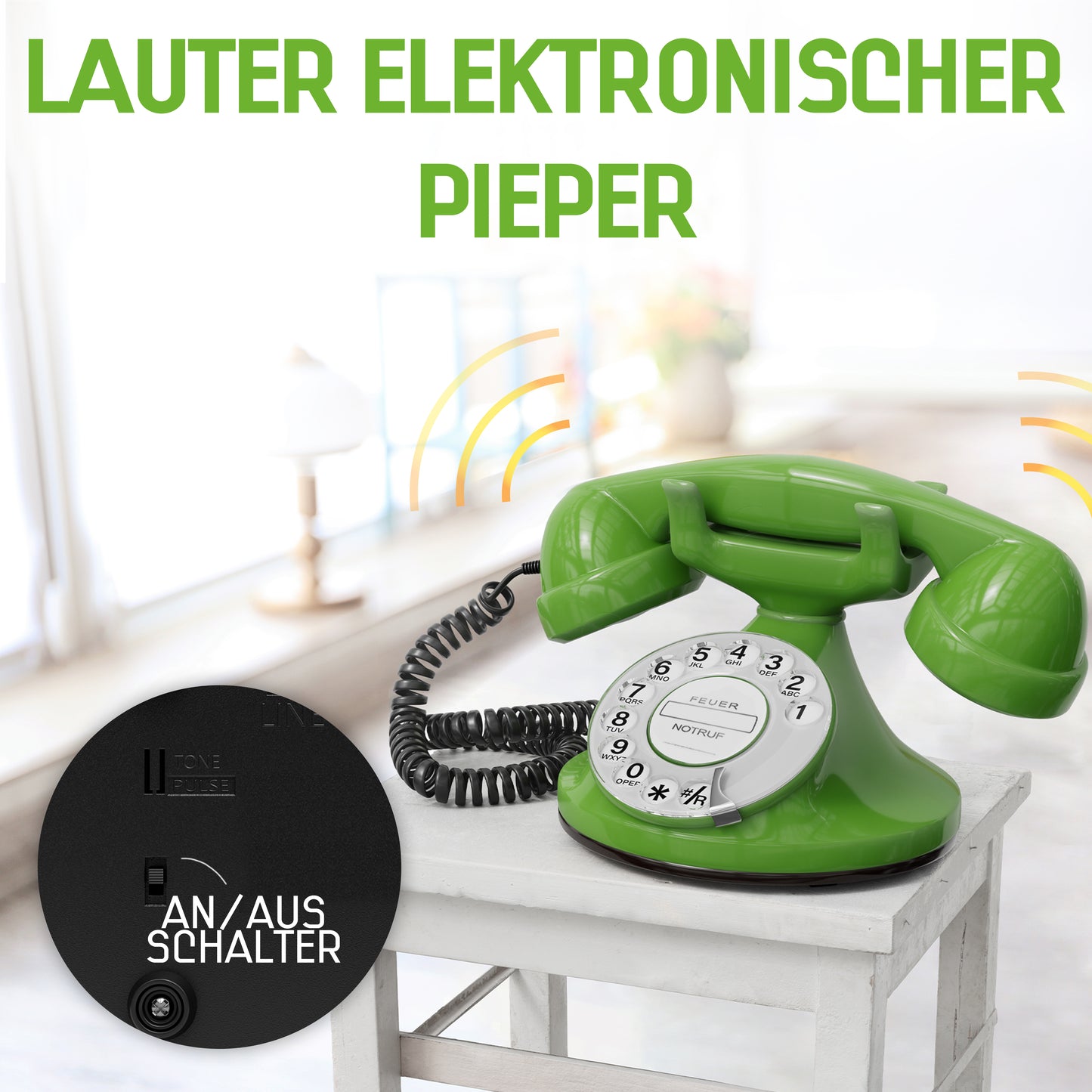 Opis Technology FunkyFon Cable Grün | 1920er Vintage Wählscheibentelefon mit elektronischer Klingel