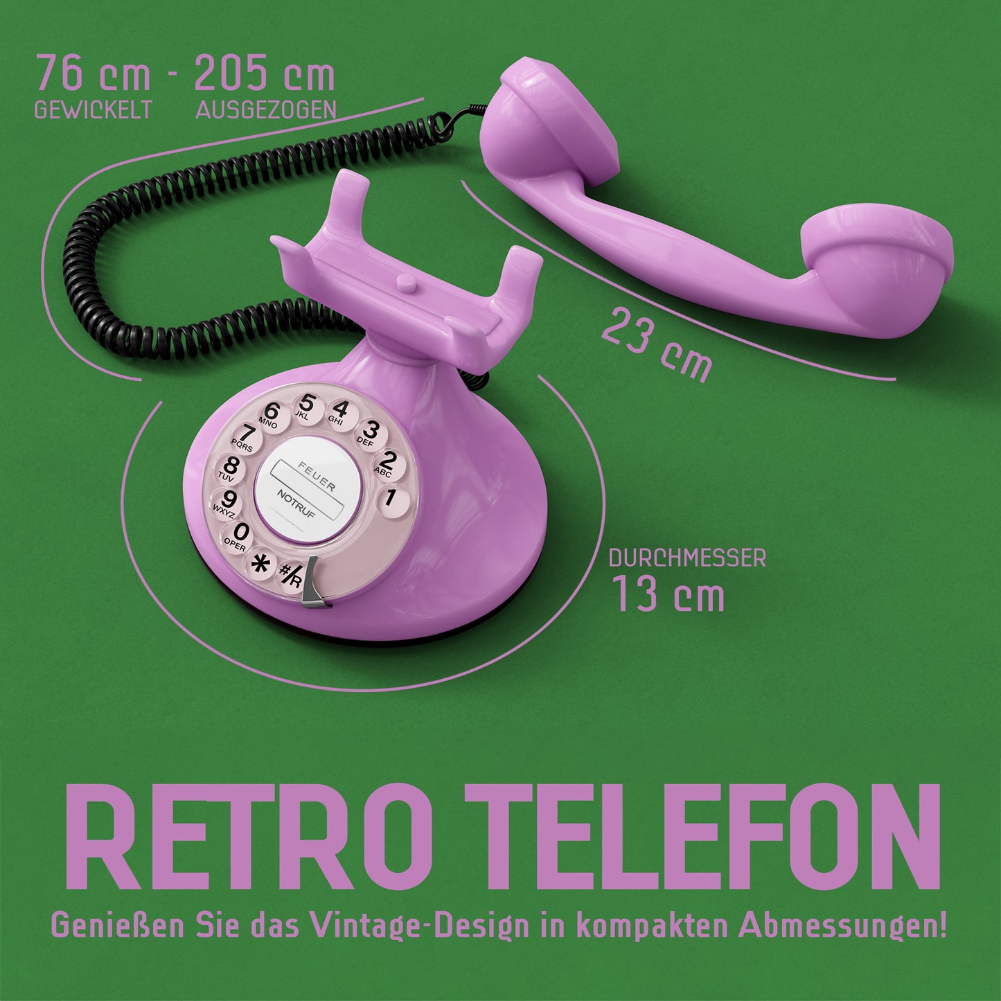 Opis Technology FunkyFon Cable Pink | 1920er Vintage Wählscheibentelefon mit elektronischer Klingel