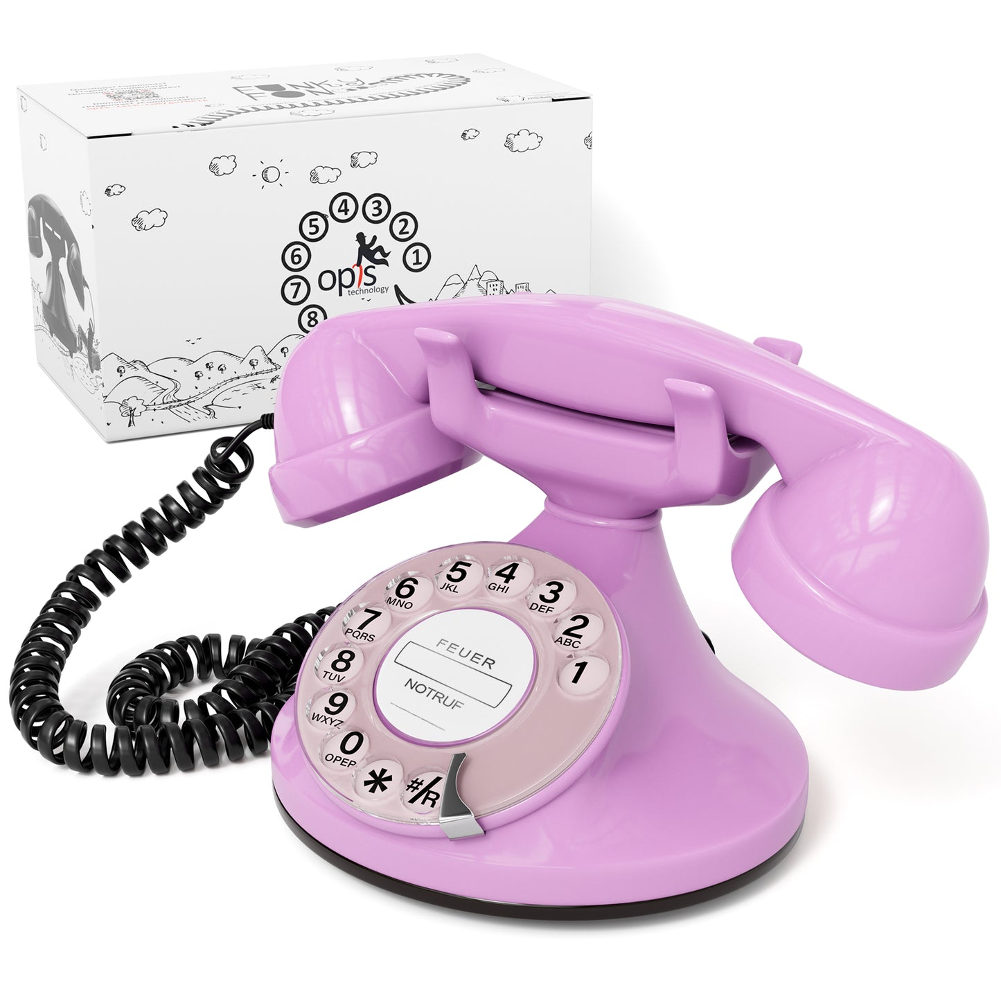 Opis Technology FunkyFon Cable Pink | 1920er Vintage Wählscheibentelefon mit elektronischer Klingel