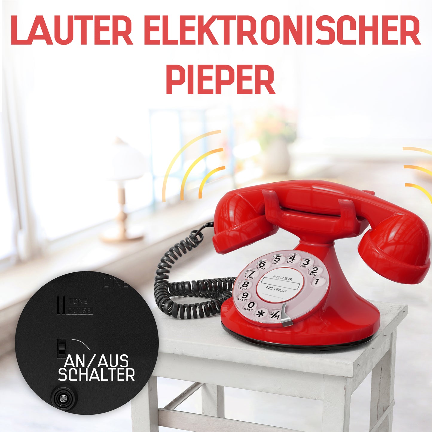 Opis Technology FunkyFon Cable Rot | 1920er Vintage Wählscheibentelefon mit elektronischer Klingel