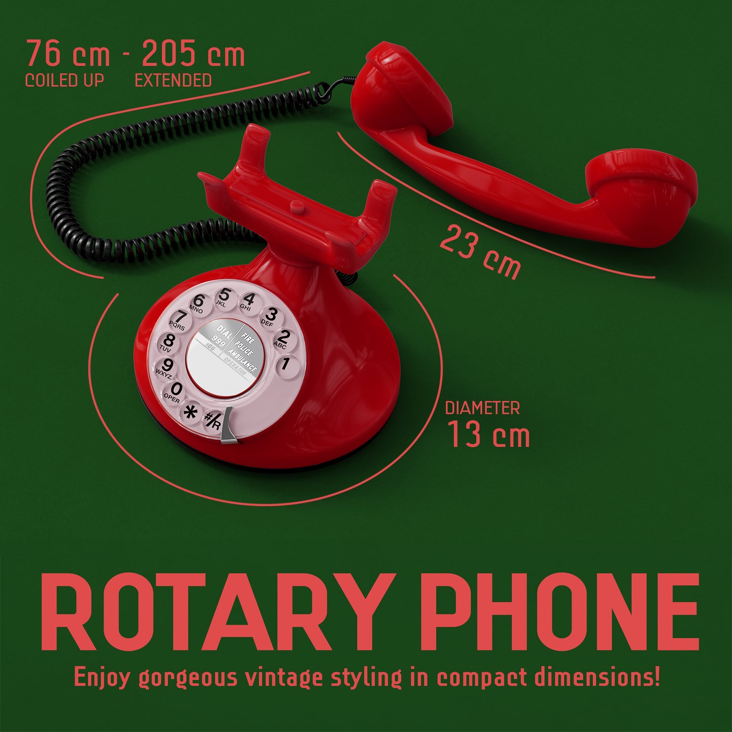 Opis Technology FunkyFon Cable Rot | 1920er Vintage Wählscheibentelefon mit elektronischer Klingel