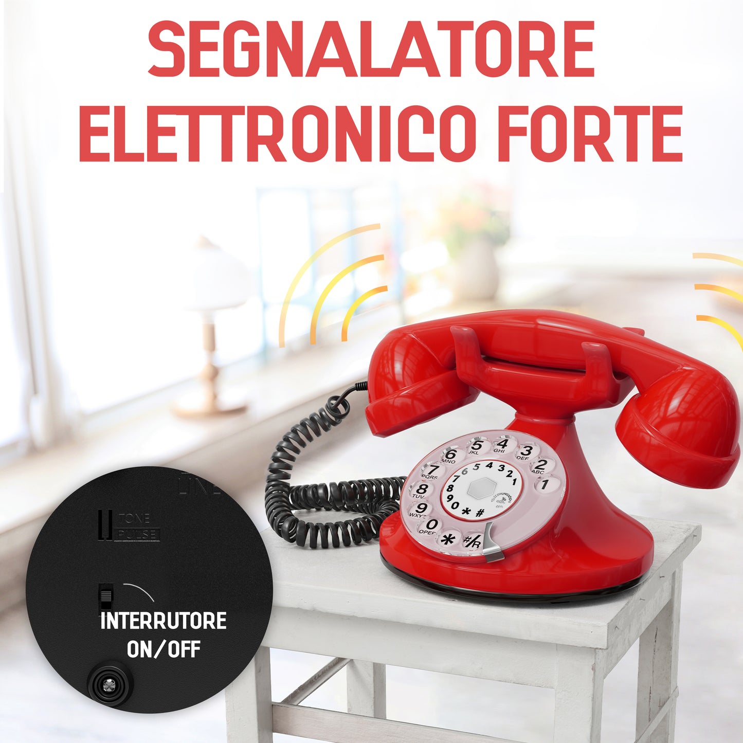 Opis Technology FunkyFon Cable Rot | 1920er Vintage Wählscheibentelefon mit elektronischer Klingel