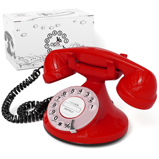 Opis Technology FunkyFon Cable Rot | 1920er Vintage Wählscheibentelefon mit elektronischer Klingel