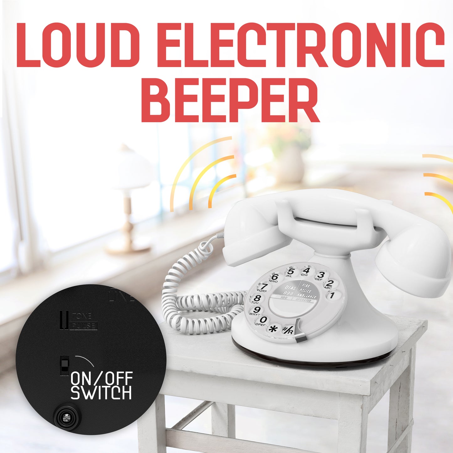 Opis Technology FunkyFon Cable White | 1920s Vintage Rotary Phone with Electronic Bell