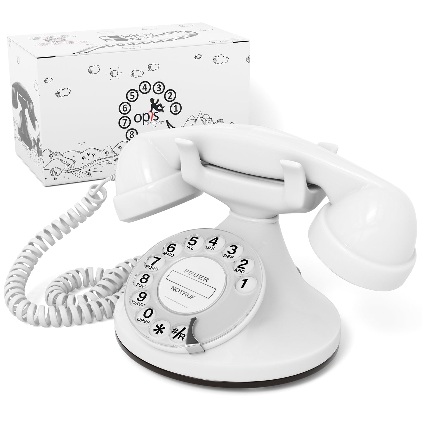 Opis Technology FunkyFon Cable White | 1920s Vintage Rotary Phone with Electronic Bell
