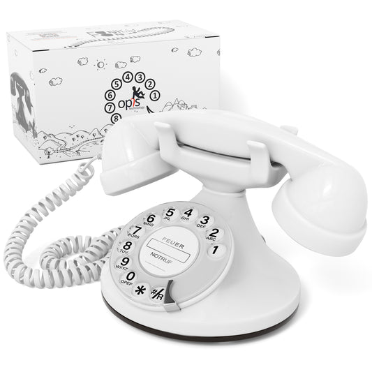 Opis Technology FunkyFon Cable White | 1920s Vintage Rotary Phone with Electronic Bell