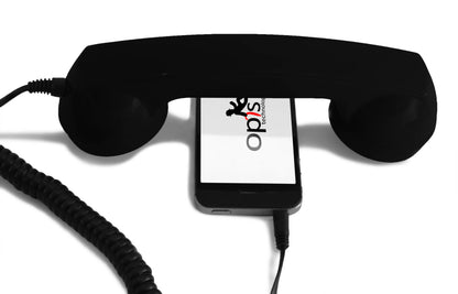 Opis 60s micro mobile phone handset, retro handset for smartphones, iPhone, Samsung, Huawei, etc.