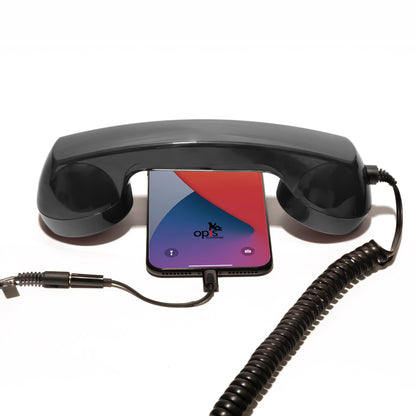 Opis 60s micro mobile phone handset, retro handset for smartphones, iPhone, Samsung, Huawei, etc.