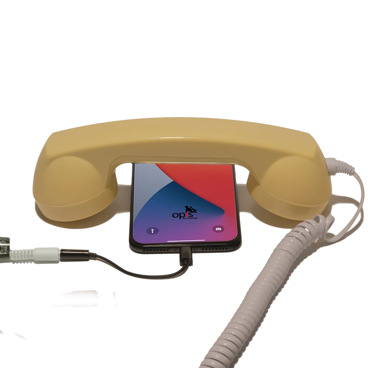 Opis 60s micro mobile phone handset, retro handset for smartphones, iPhone, Samsung, Huawei, etc.