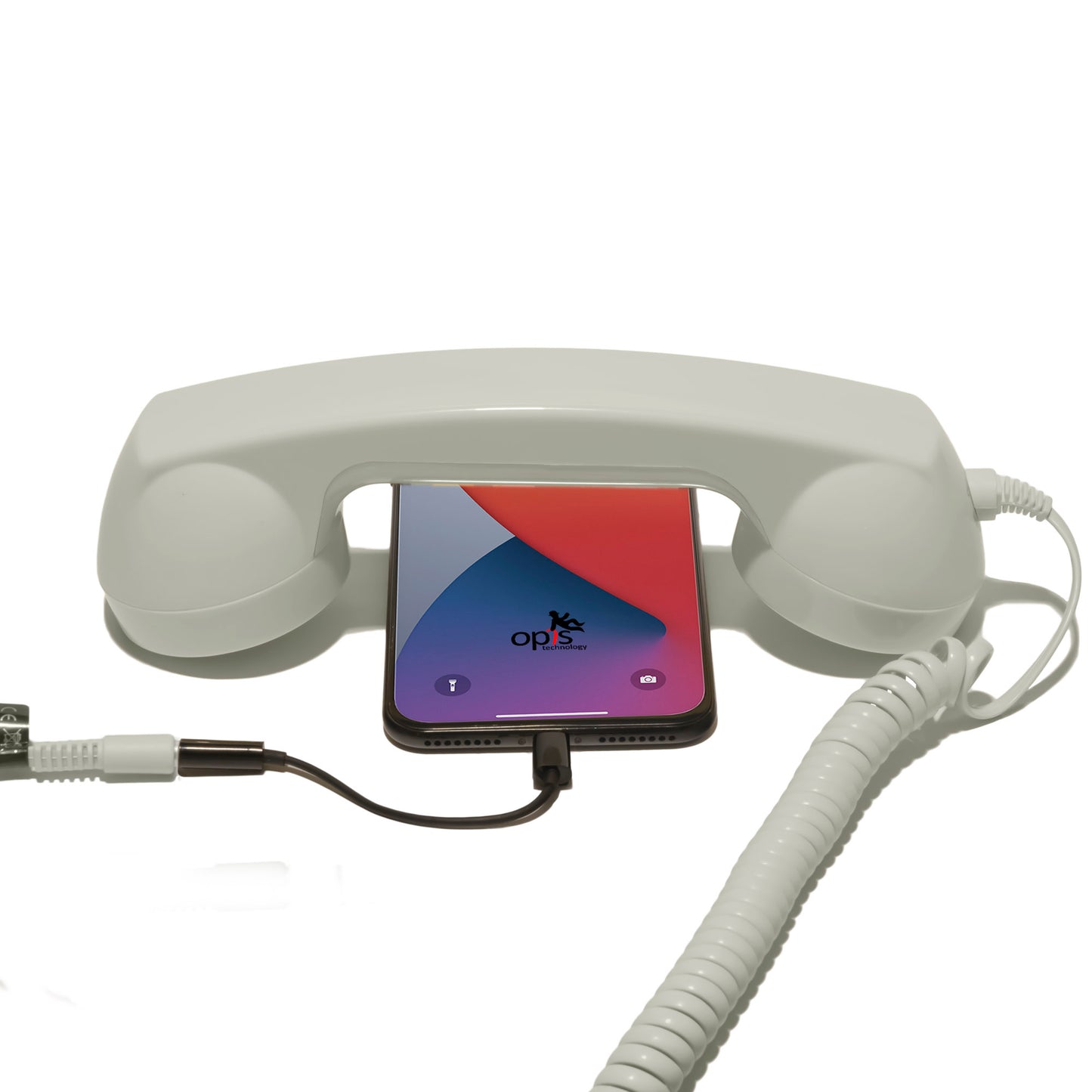 Opis 60s micro mobile phone handset, retro handset for smartphones, iPhone, Samsung, Huawei, etc.